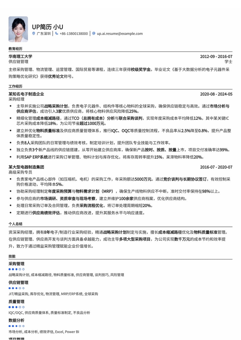 采购经理 (电子/制造) 简历模板:内置战略采购计划、成本缩减路径、物料质量标准简历模板预览