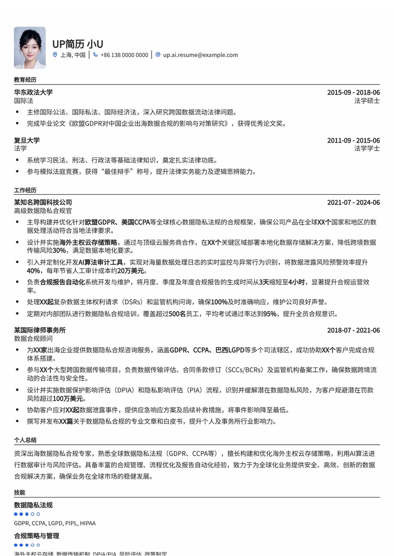 出海数据隐私合规官简历模板：内置海外主权云存储策略、AI算法审计、合规报告自动化简历模板预览