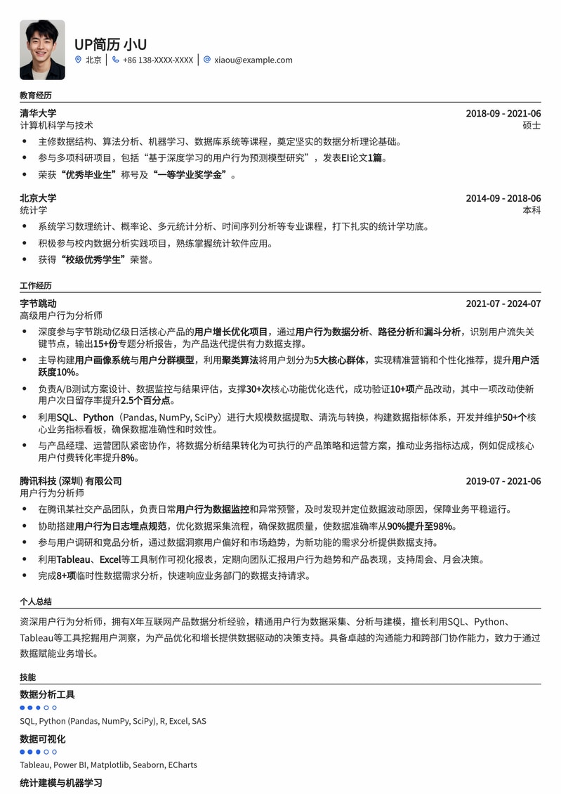 高效用户行为分析师简历模板:深度洞察数据,驱动业务增长简历模板预览