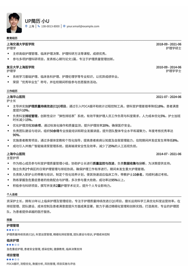 护士长简历模板：护理质量持续改进(CQI)与科室排班管理简历模板预览