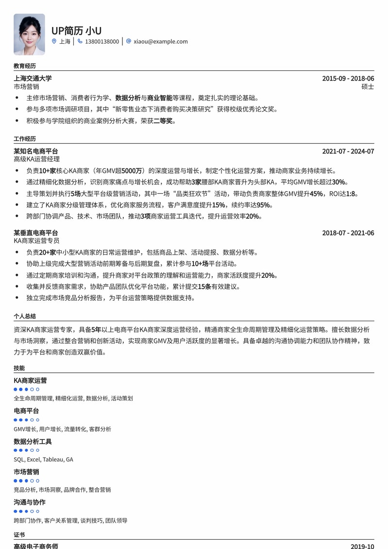 KA商家运营专家专业简历模板：助您高效管理核心客户，实现业绩突破简历模板预览