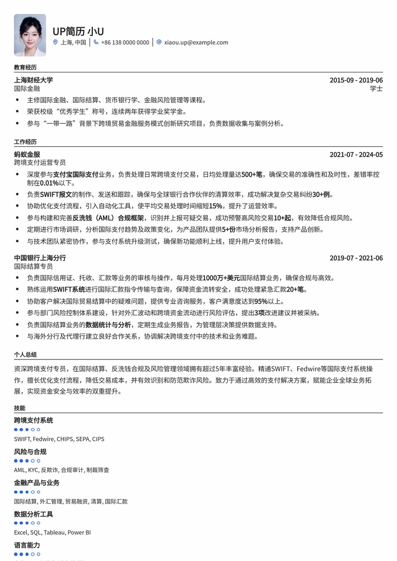 高效跨境支付专员简历模板：助您锁定金融科技核心岗简历模板预览
