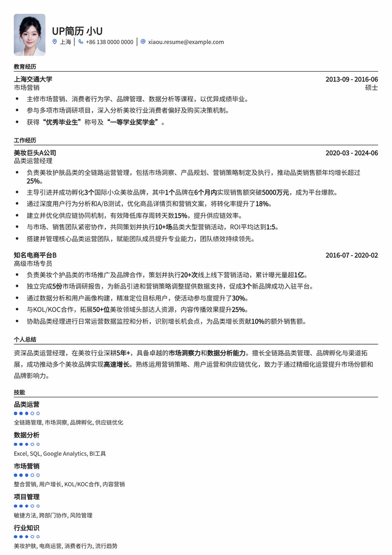 品类运营经理 (美妆) 简历模板：助你脱颖而出，直击美妆行业核心岗位