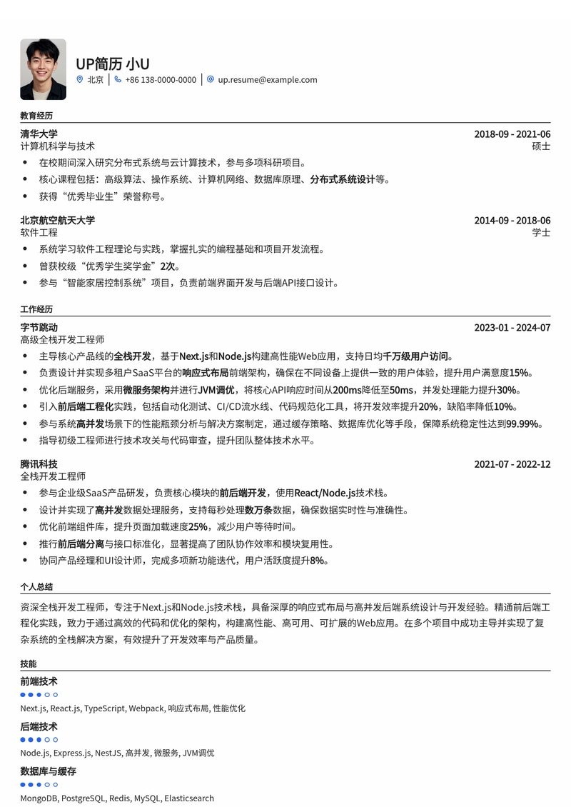 全栈开发工程师 (Next.js/Node) 精选简历模板:内置响应式布局、高并发后端、前后端工程化简历模板预览