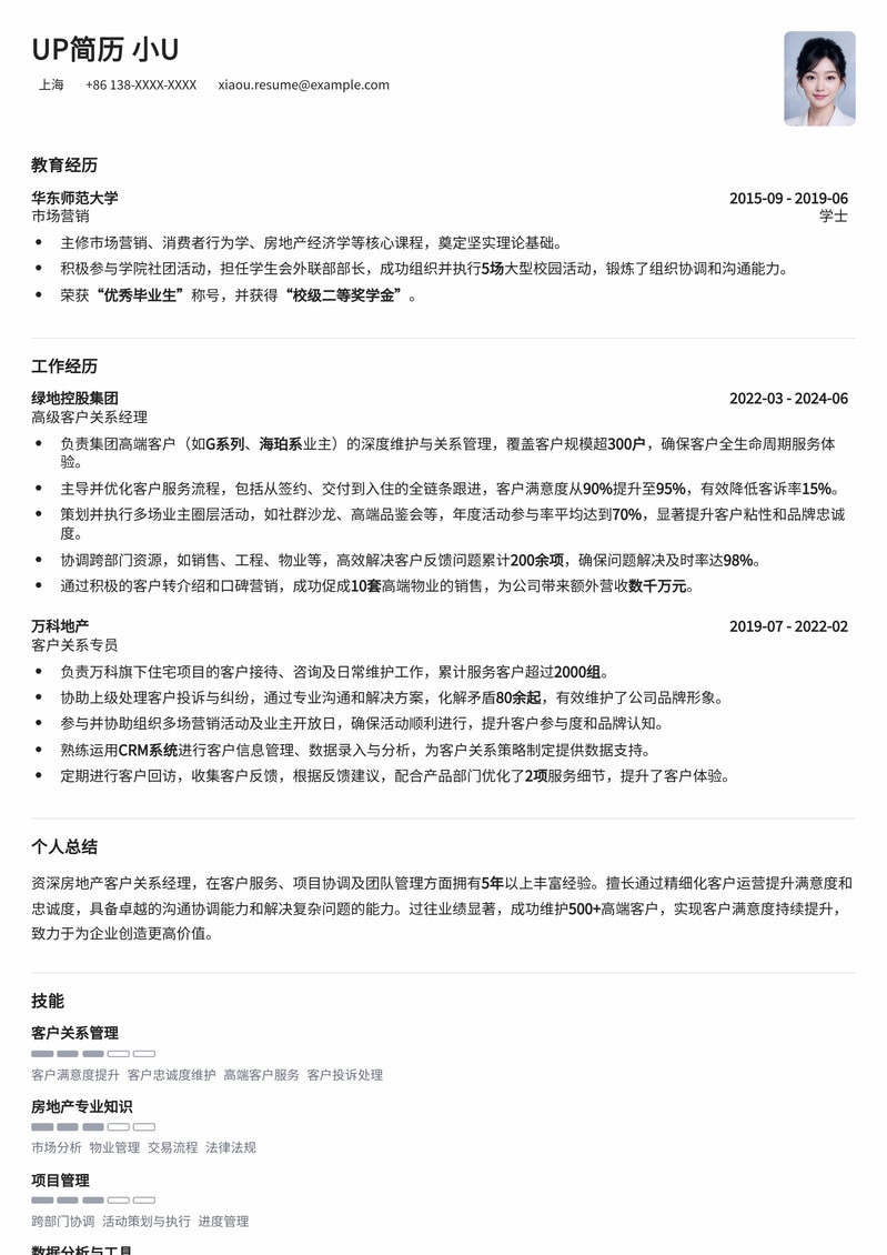 精选房地产客户关系经理简历模板：提升客户满意度，再创销售佳绩简历模板预览