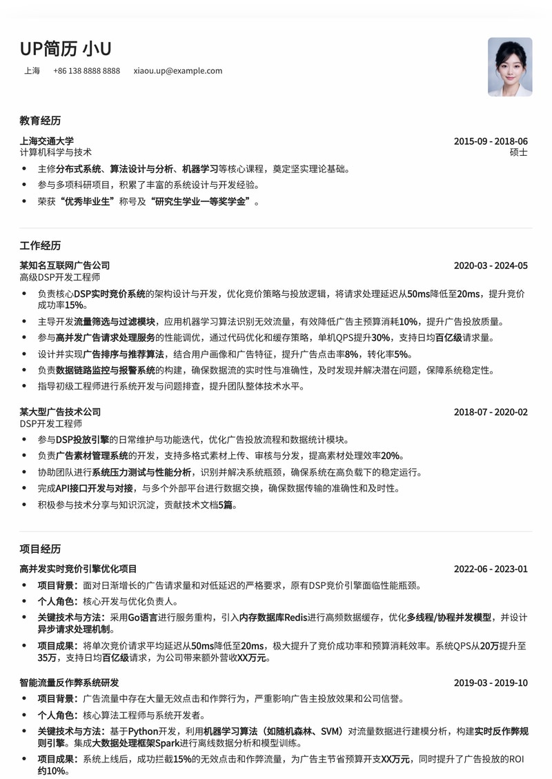 高效DSP开发工程师简历模板：专业技能与项目经验突出简历模板预览