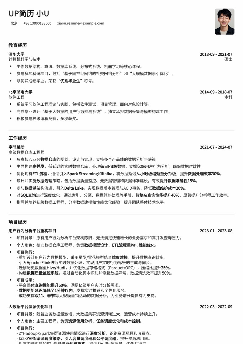 大数据时代：数据仓库工程师精英简历模板（专业版）简历模板预览