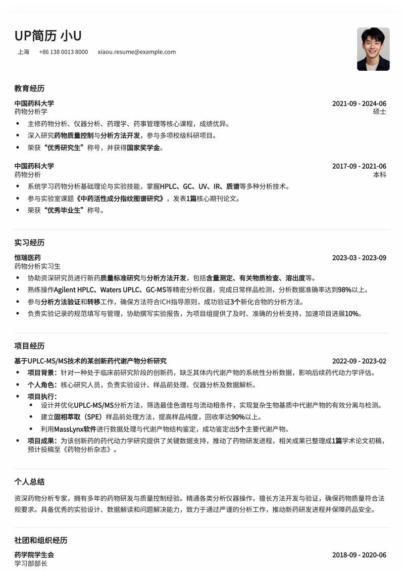 专业药物分析师简历模板：精准呈现研发与质控实力简历模板预览