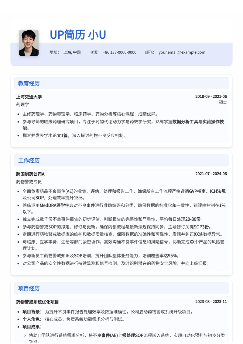药物警戒专员(Pharmacovigilance)简历模板：不良事件(AE)上报处理SOP与MedDRA医学字典编码规范简历模板预览
