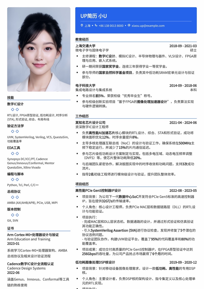 211高校芯片设计工程师简历模板：高起点，高发展简历模板预览