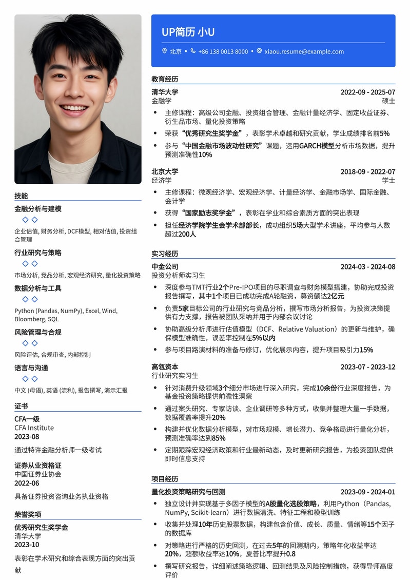 985热门-投资分析师（企业）简历模板简历模板预览