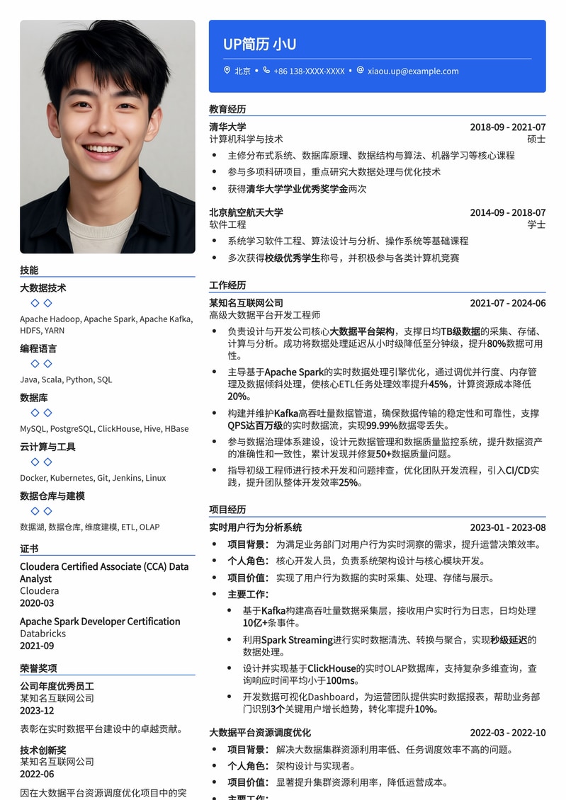 大数据平台开发工程师简历模板:专业技能与项目经验突出简历模板预览