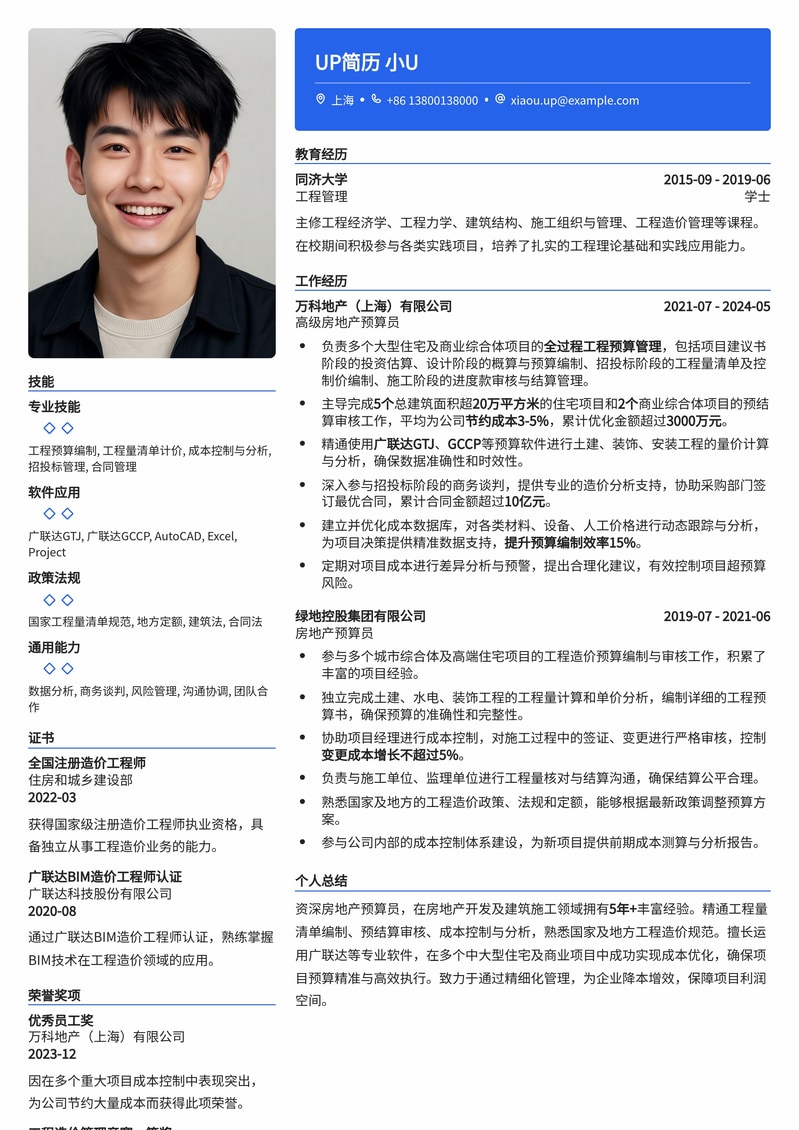 精简高效：房地产预算员专业简历模板，助您精准核算，筑梦未来！简历模板预览