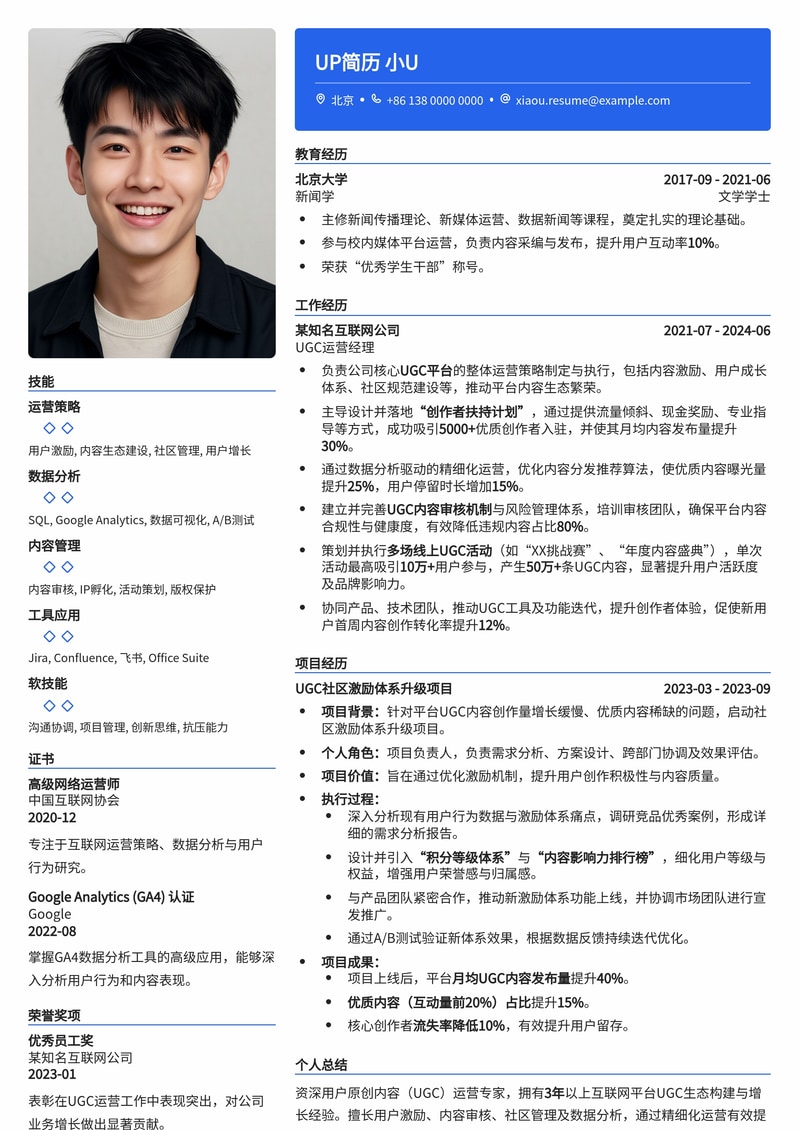 UGC运营专业简历模板:助你脱颖而出,打造爆款内容简历模板预览