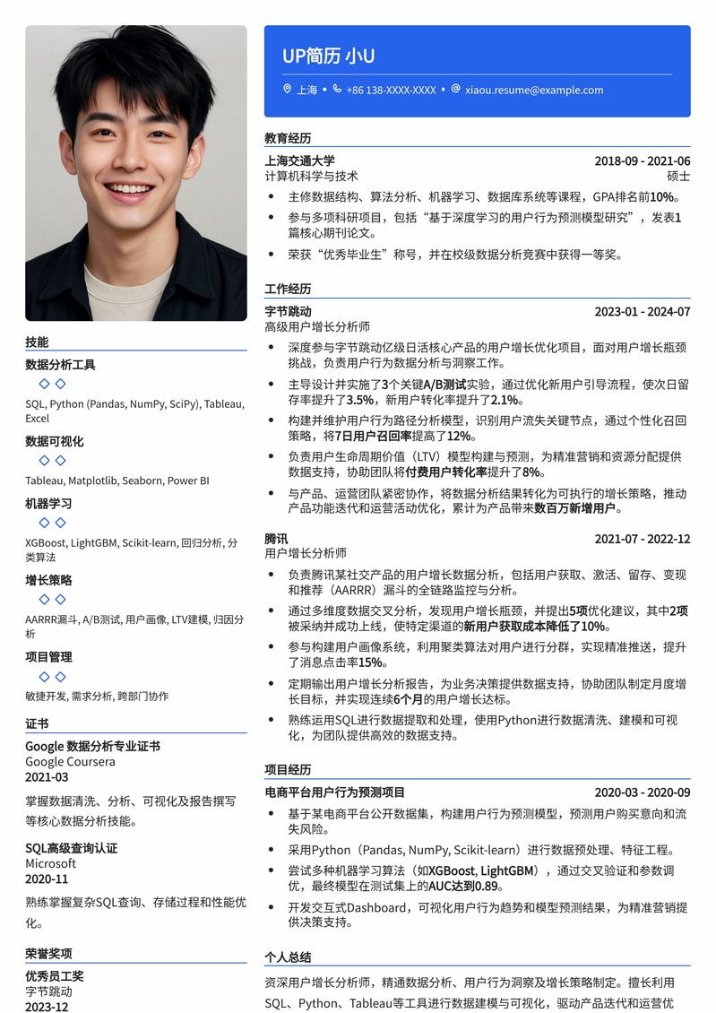 用户增长分析师：数据驱动增长，洞察市场先机高阶简历模板简历模板预览