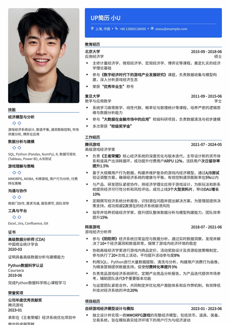 游戏经济学家高薪简历模板:数据驱动,洞察游戏商业价值简历模板预览