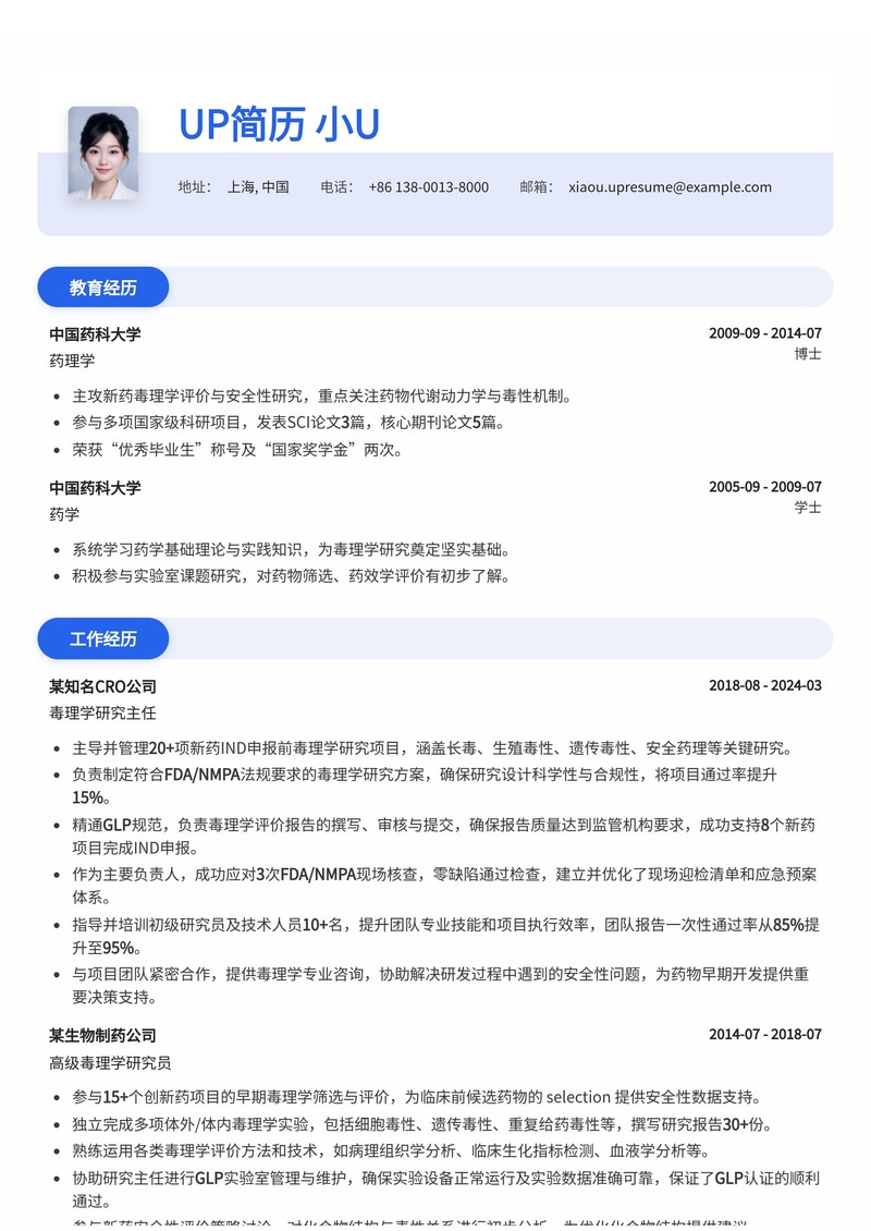 毒理学研究主任简历模板：GLP实验室新药IND申报与FDA/NMPA核查迎检清单简历模板预览