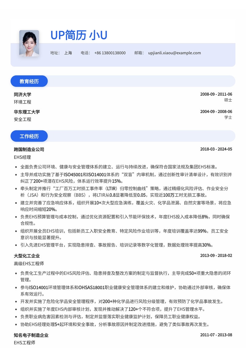 EHS经理简历模板：ISO45001/14001体系双盲内审与LTIR归零控制曲线专家简历模板预览