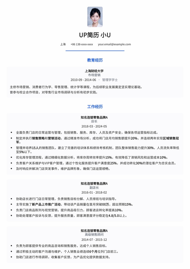 业绩倍增店长简历模板：专为门店管理及团队建设精英打造简历模板预览