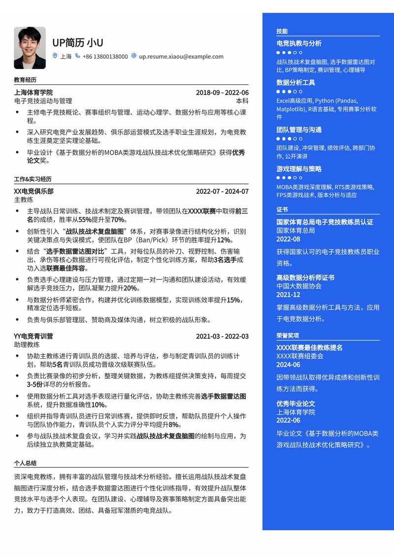 电竞教练专属：战队技战术复盘脑图与选手数据雷达图对比分析简历模板简历模板预览