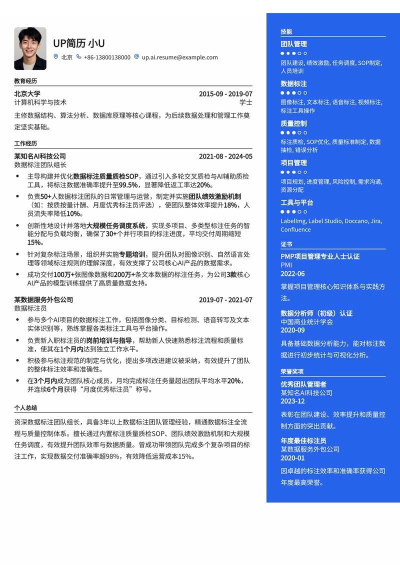 数据标注团队组长简历模板：质检SOP、绩效激励与大规模任务调度简历模板预览