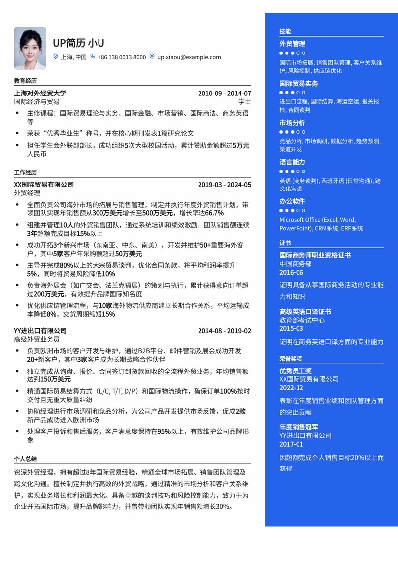 【外贸经理专属】国际业务拓展精英简历模板，助您斩获海外订单！简历模板预览