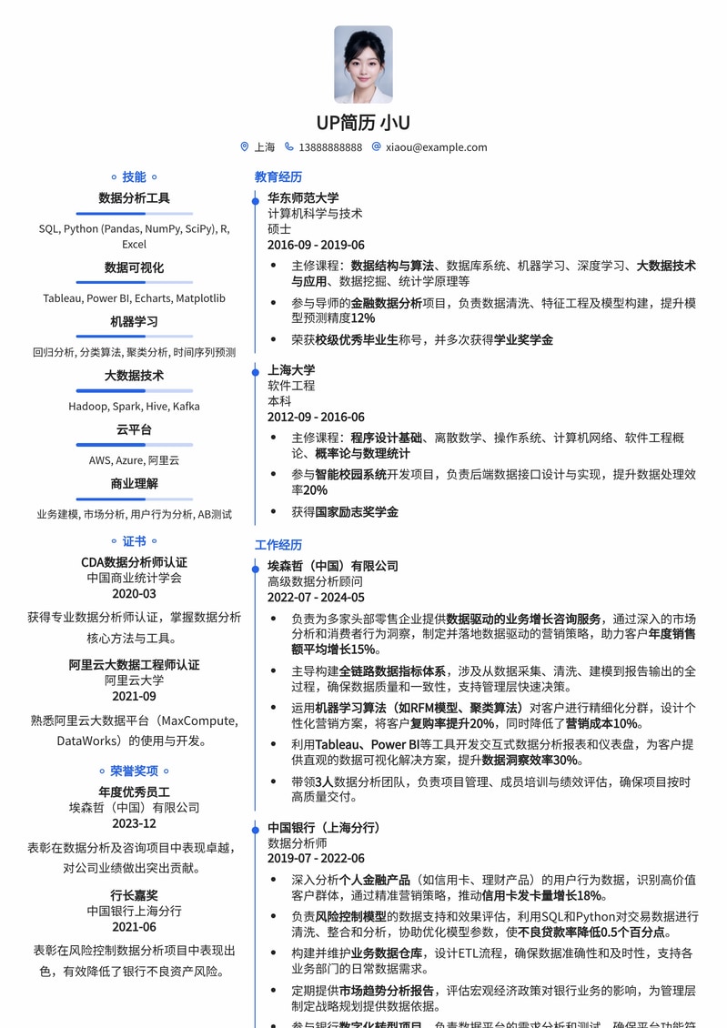 211高校热门岗：数据分析顾问精英简历模板简历模板预览