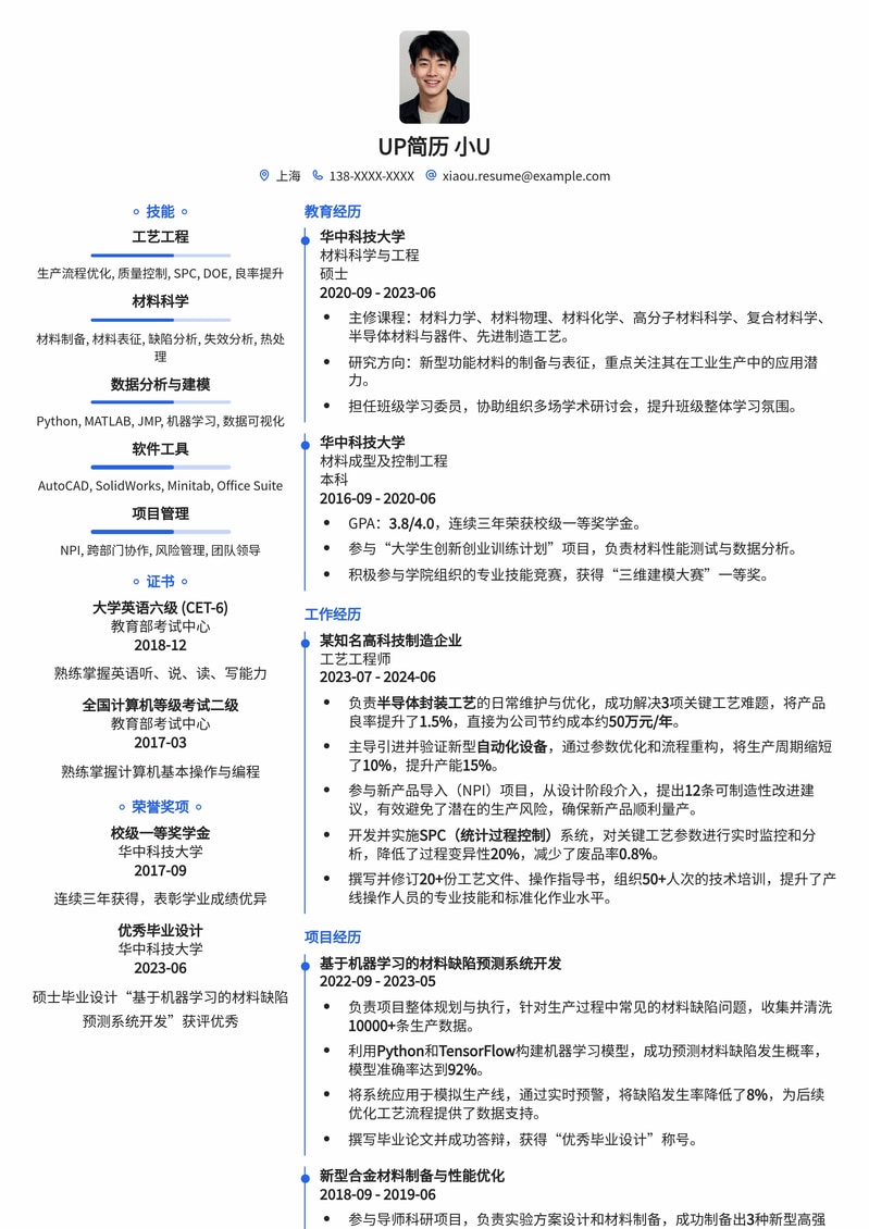 985名校热门：工艺工程师高薪求职简历模板简历模板预览