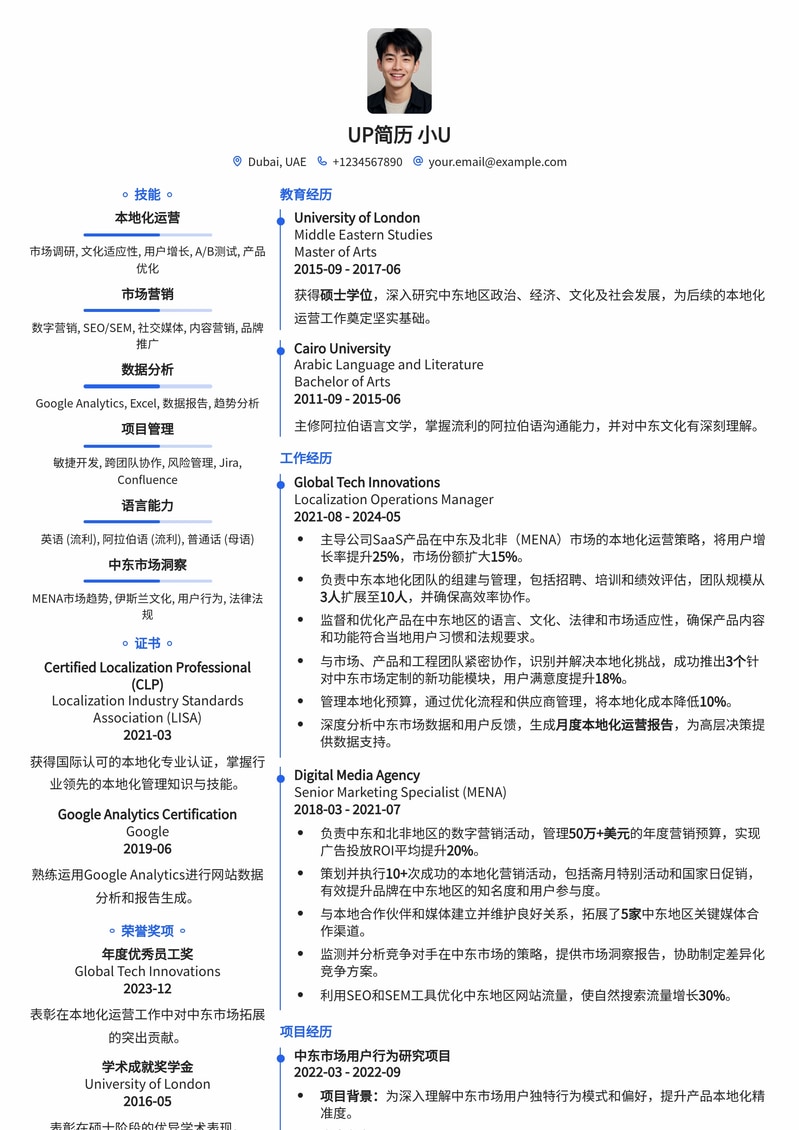 本地化运营经理 (中东) 专业简历模板：助您拓展中东市场