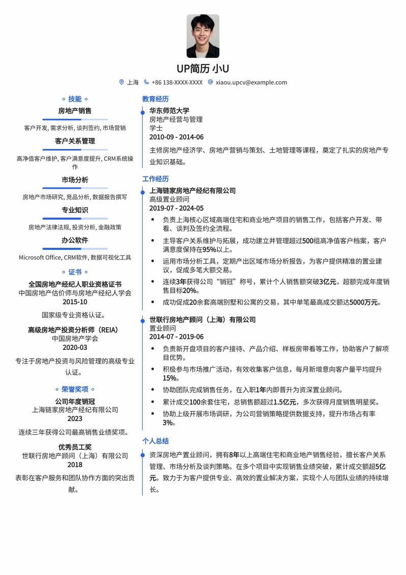 高级房地产置业顾问专业简历模板：助您在竞争中脱颖而出简历模板预览