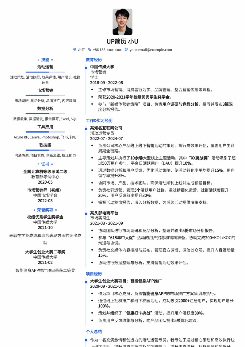 高效活动运营专员简历模板：助您脱颖而出，斩获心仪Offer简历模板预览