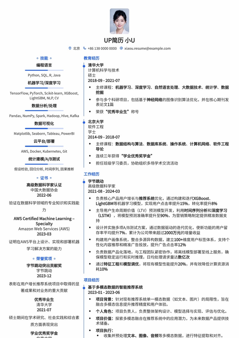 技术数据科学家高阶简历模板:机器学习与AI项目实战简历模板预览