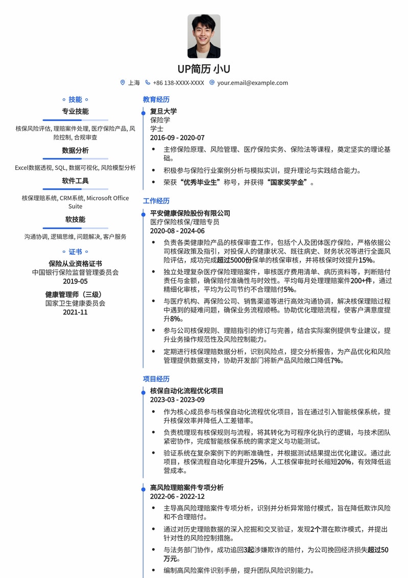 医疗保险核保/理赔专员专业简历模板：精准评估风险，高效处理赔付简历模板预览