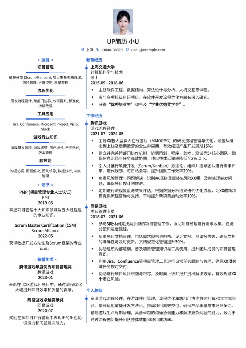 游戏流程经理专业简历模板：助您高效管理游戏项目简历模板预览