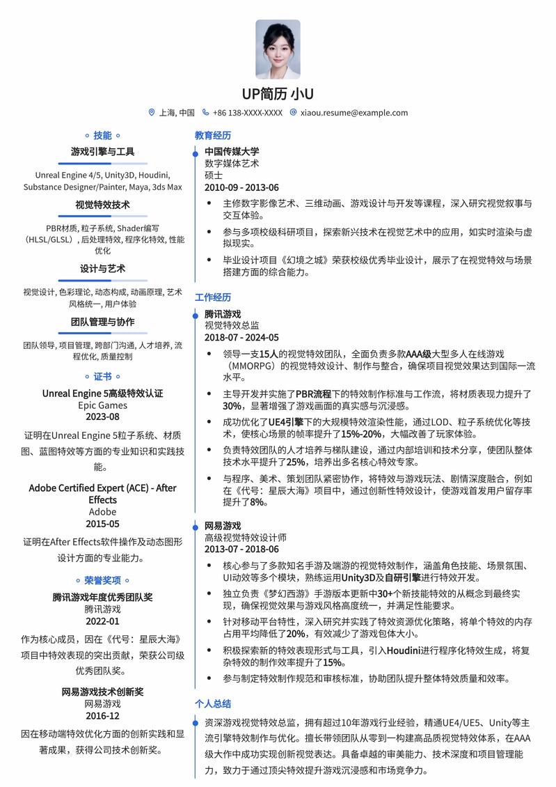 震撼视效,游戏视觉特效总监简历模板(专业版)简历模板预览
