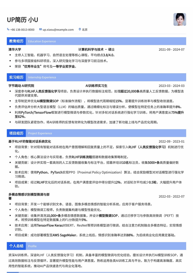 AI训练师高阶简历模板：RLHF强化学习与模型微调SOP实战案例简历模板预览
