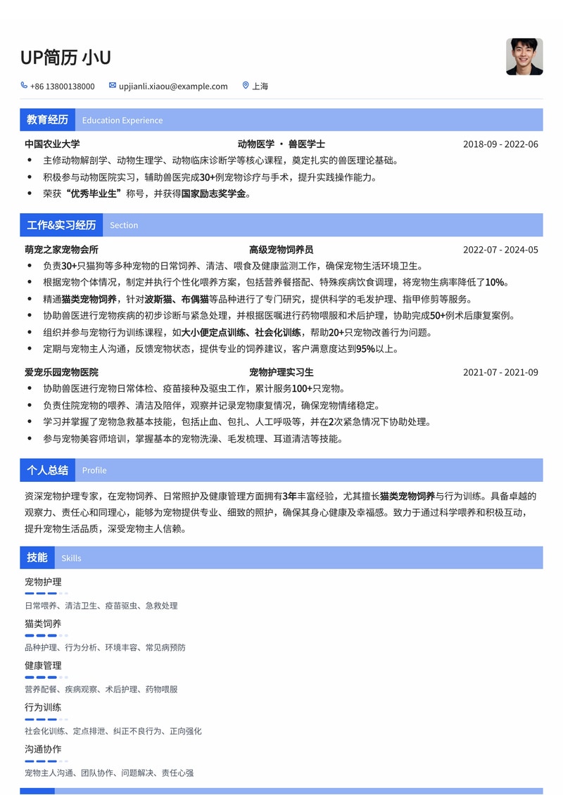 宠物饲养员简历模板：熟悉猫类宠物饲养简历模板预览