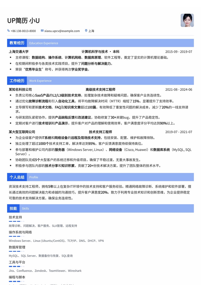 高效技术支持工程师简历模板:快速响应,专业服务,助您脱颖而出简历模板预览