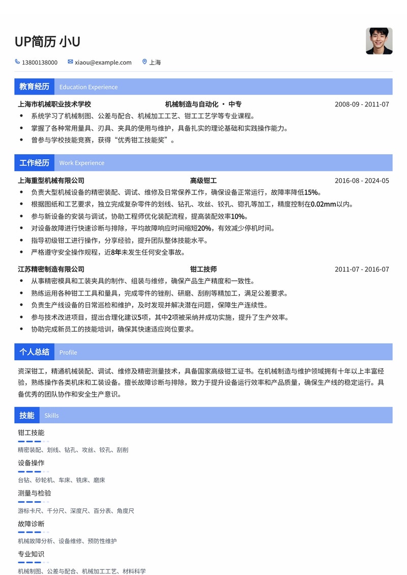 精细匠心：专业钳工简历模板，助你技艺出众，脱颖而出简历模板预览