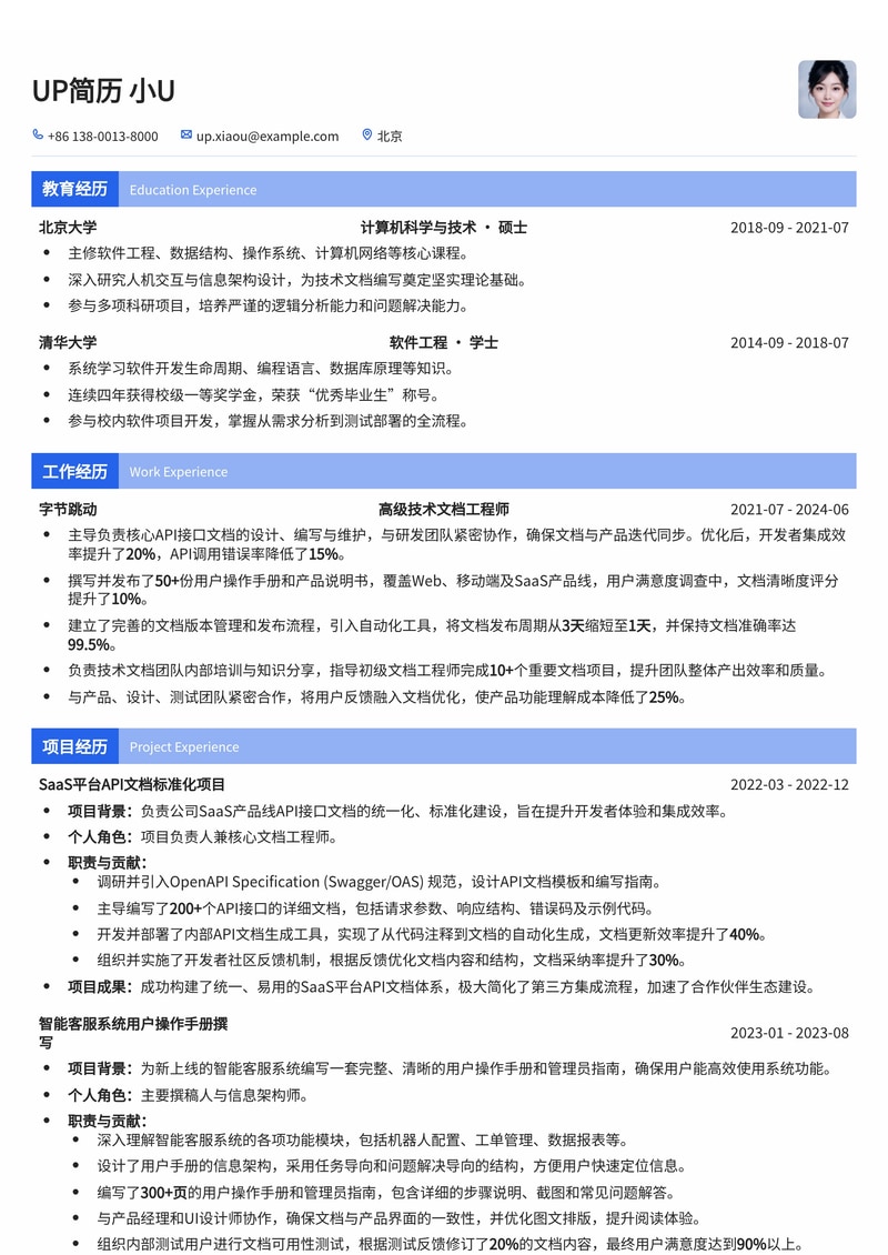 技术文档工程师(Technical Writer)简历模板:API接口文档与用户手册范例简历模板预览
