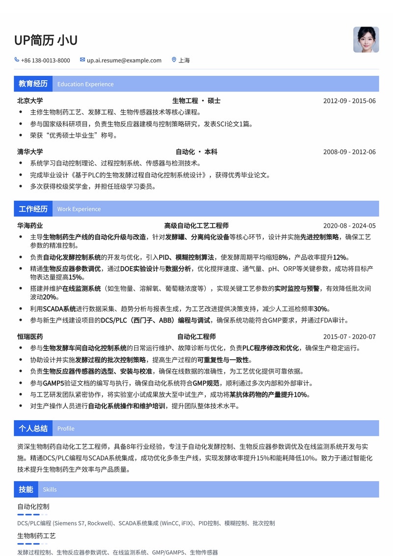 生物制药自动化工艺简历模板:强化发酵控制与在线监测,助您精准对接高新岗位简历模板预览