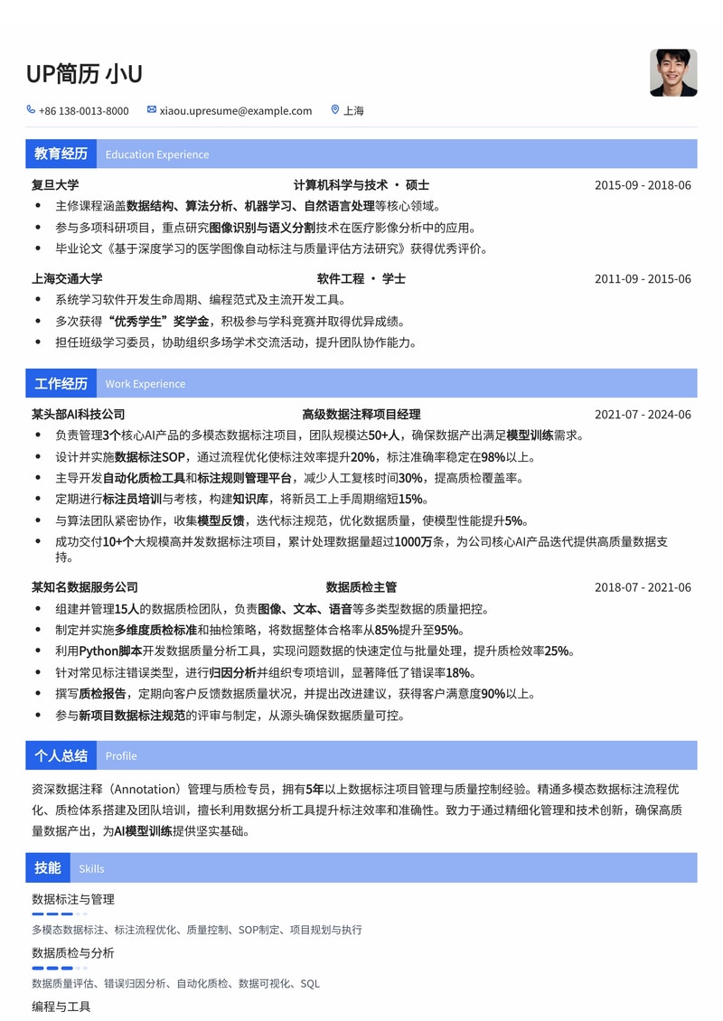 AI与数据管理:数据注释管理/质检专员专业简历模板简历模板预览