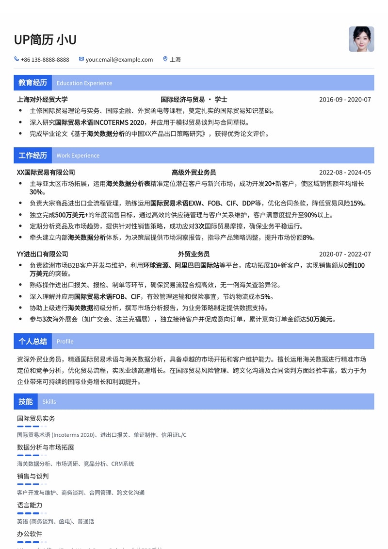 外贸业务员简历模板：海关数据洞察与国际贸易术语精通，助您拿下全球订单！简历模板预览