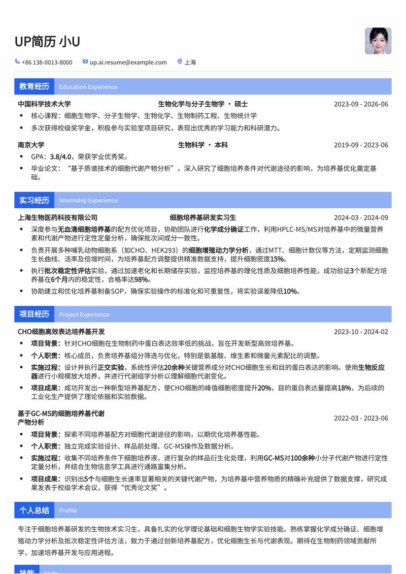 细胞培养基研发实习简历模板：聚焦化学成分确证、细胞增殖动力学与批次稳定性简历模板预览