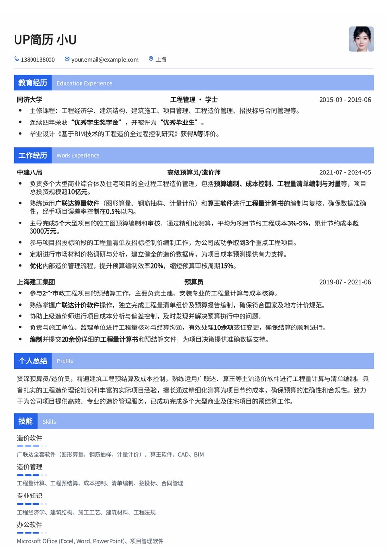 预算员/造价员简历模板：广联达/算王实操，工程量计算书精通，助您脱颖而出简历模板预览