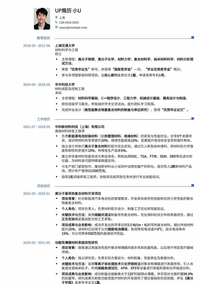 材料研发工程师专业简历模板：助您突出创新与实践能力简历模板预览