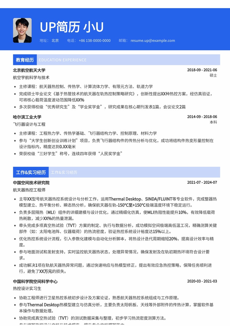 航天器热控工程师(Thermal Control Eng.)简历模板：Thermal Desktop建模与真空热试验(TVT)专家版简历模板预览