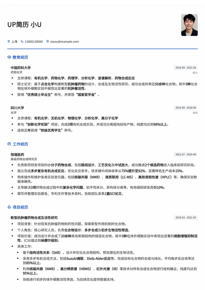 高效药物合成简历模板:精准匹配研发岗位,助您脱颖而出简历模板预览