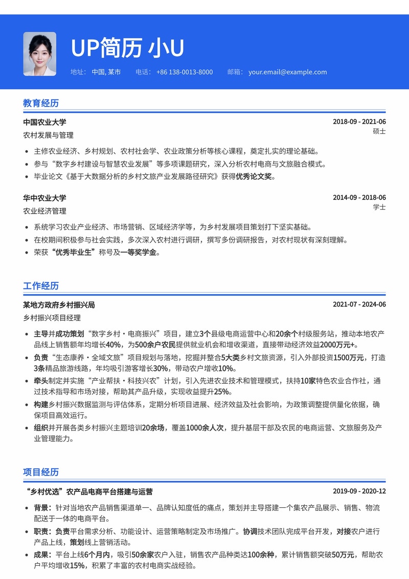 乡村振兴项目策划简历模板：农村电商与文旅数据赋能乡村发展简历模板预览