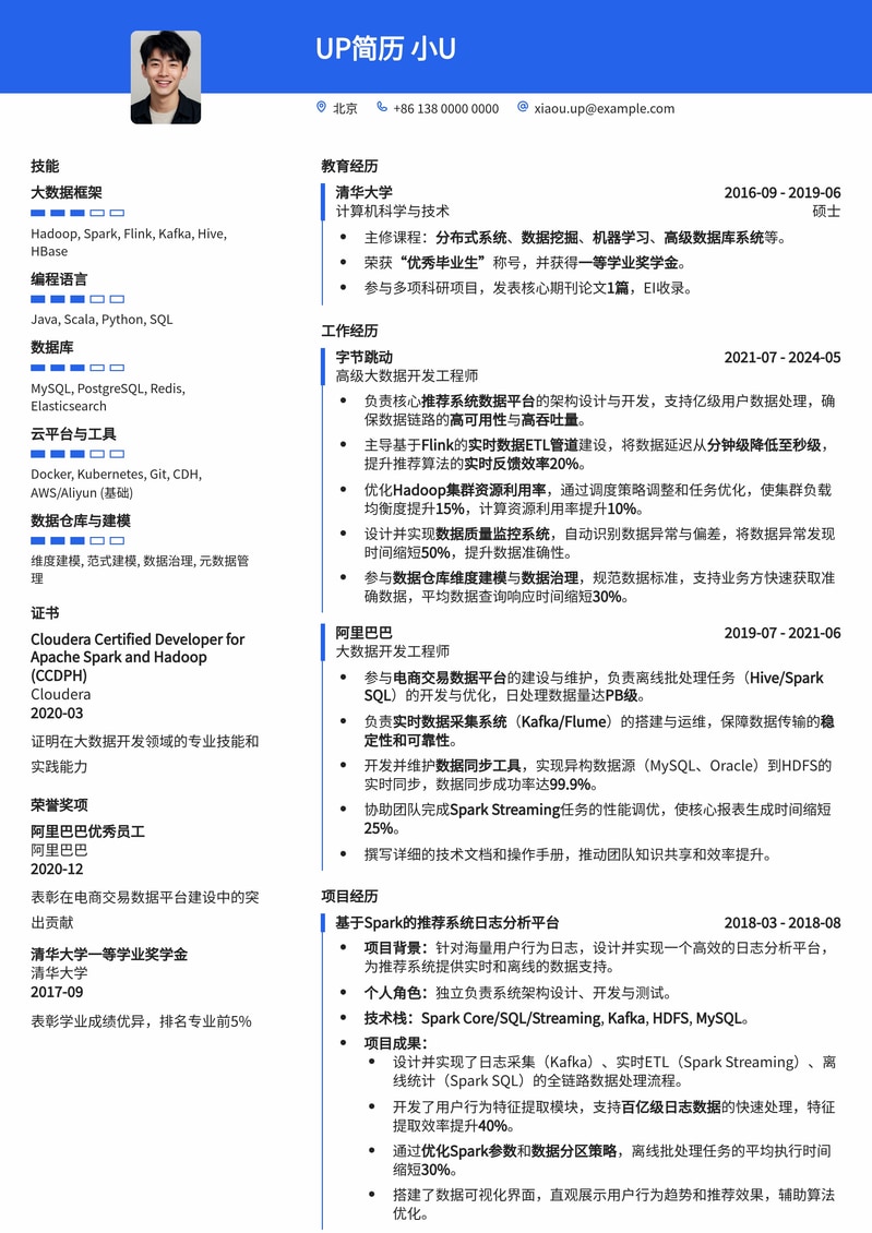 大数据开发工程师专业简历模板，助你斩获心仪Offer简历模板预览